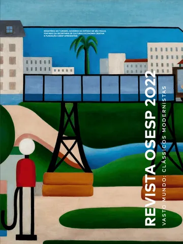 A capa da Revista Osesp 2023 é uma obra de Tarsila do Amaral em tons de azul, verde e rosa. A pintura mostra uma cidade.