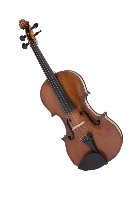 A imagem mostra um violino, instrumento feito de madeira, com quatro cordas.