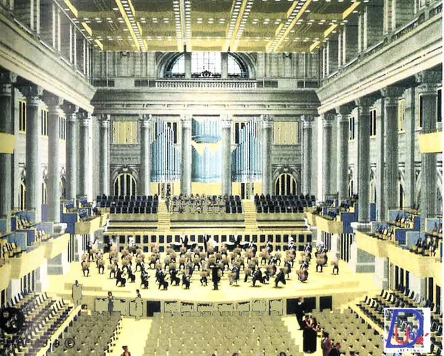 O desenho feito por Nelson Dupret é em tons de amarelo, azul e cinza. Ele mostra o projeto da Sala de Concertos, com as cadeiras, orquestra no palco e um órgão. 