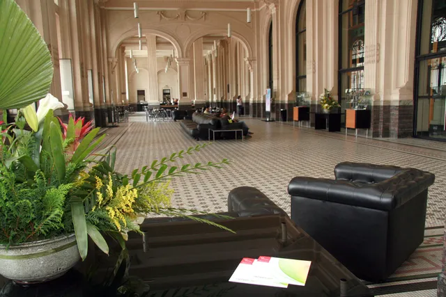 Imagem ampla do Hall Principal, com poltronas, sofás e uma planta.