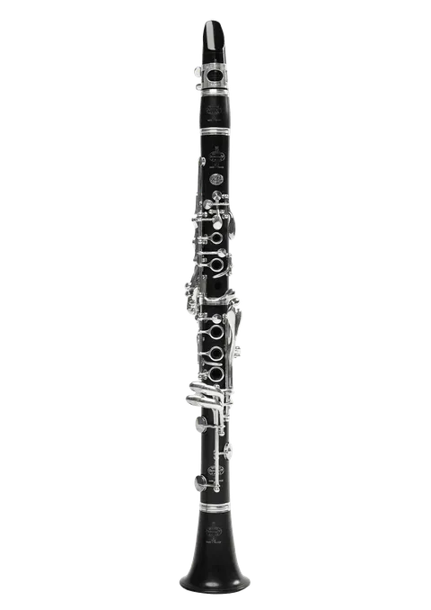 O clarinete é um instrumento de sopro feito de madeira escura, com chaves prateadas.