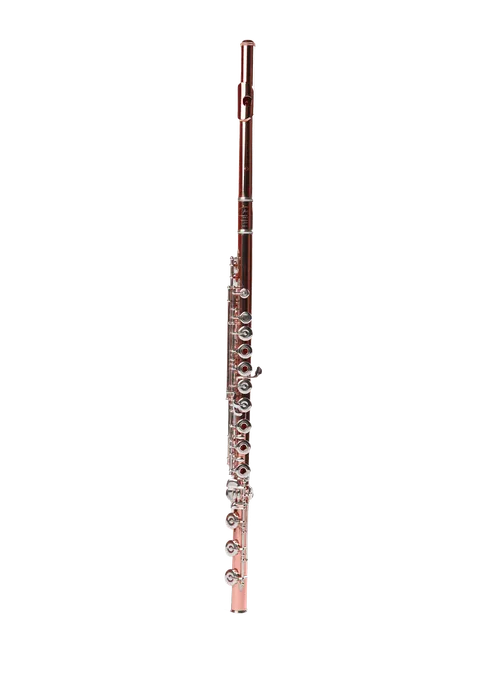 A imagem mostra uma flauta transversal prateada.