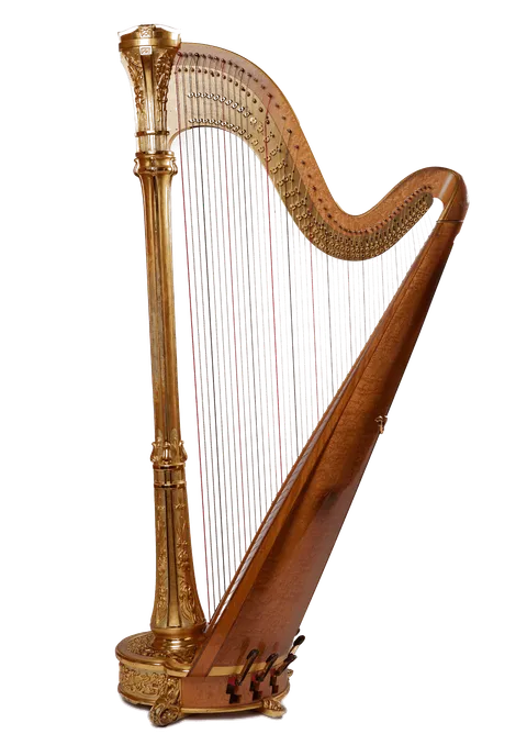 A imagem mostra uma harpa de madeira clara.