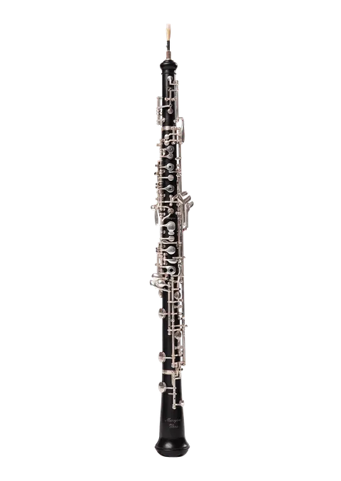O oboé é um instrumento de sopro. Ele é feito de madeira e possui teclas em metal.