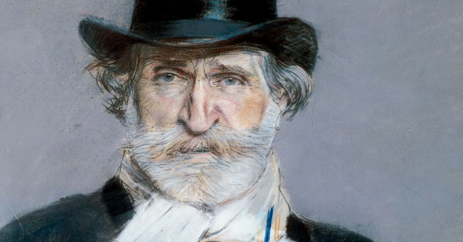 Uma pintura de Verdi, um homem branco, de barba branca e um chapéu preto.