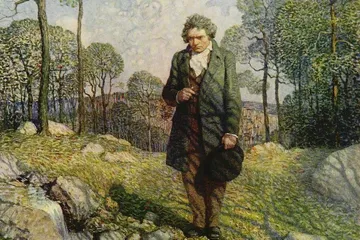 Pintura de Beethoven, homem branco, de pé sobre um campo verde com arvores ao fundo.