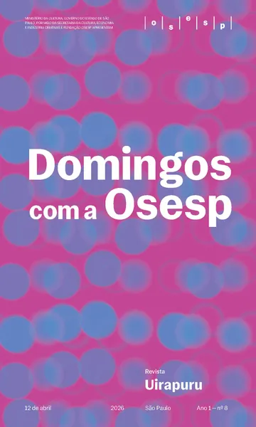 Capa da Revista Uirapuru Ano 1 — nº 8, com elementos gráficos arredondados na cor azul aplicados sobre um fundo rosa. O escrito "Domingos com a Osesp" se sobressai.