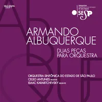 A capa mostra letras soltas em um fundo roxo sólido, com logo da Osesp e nome do álbum: "Armando Albuquerque - duas peças para orquestra".