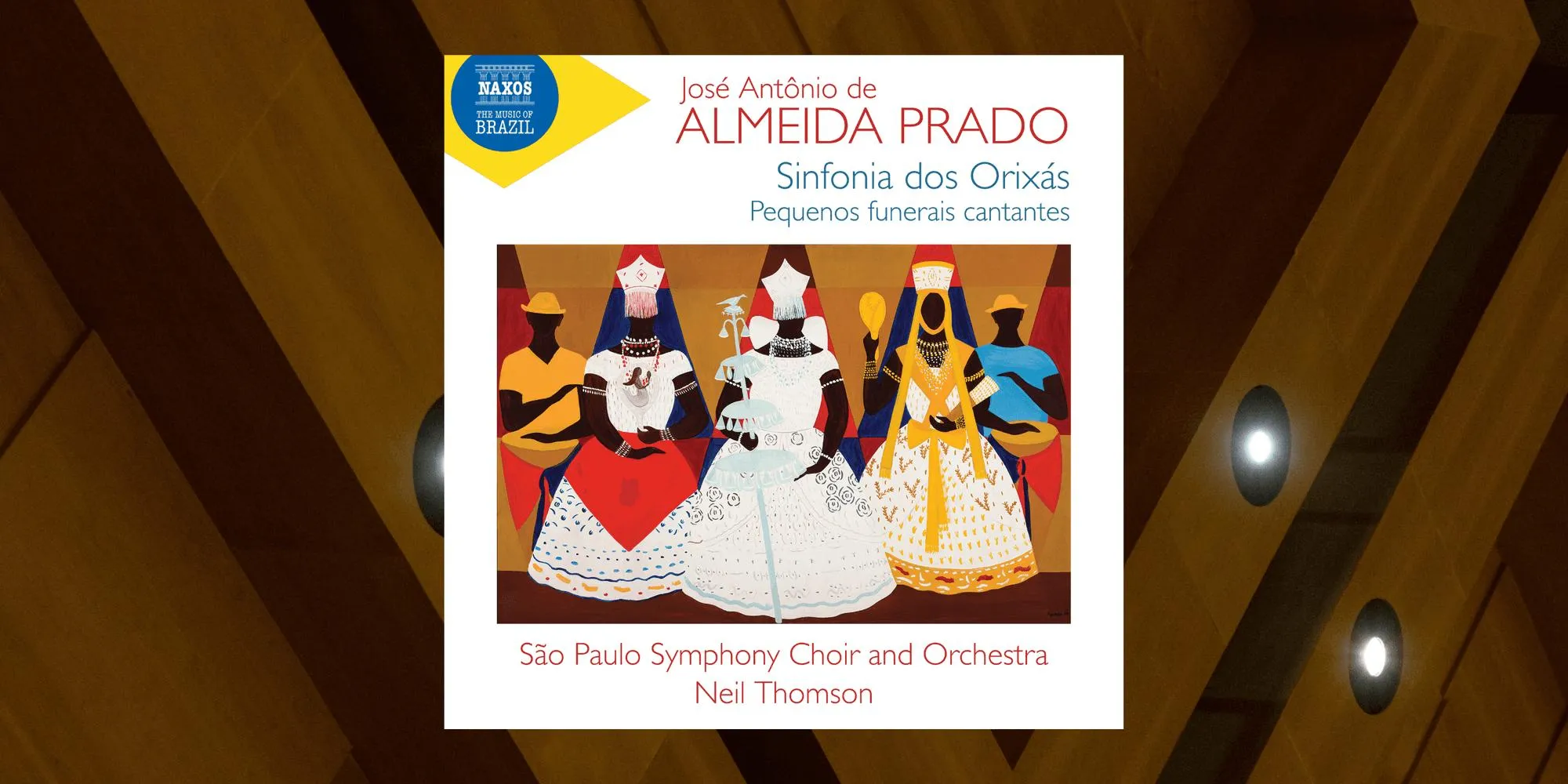 Capa do CD Sinfonia dos Orixás e os Pequenos Funerais Cantantes, onde se vê, sob um quadrado branco, a pintura Três Orixás, da artista Djanira.