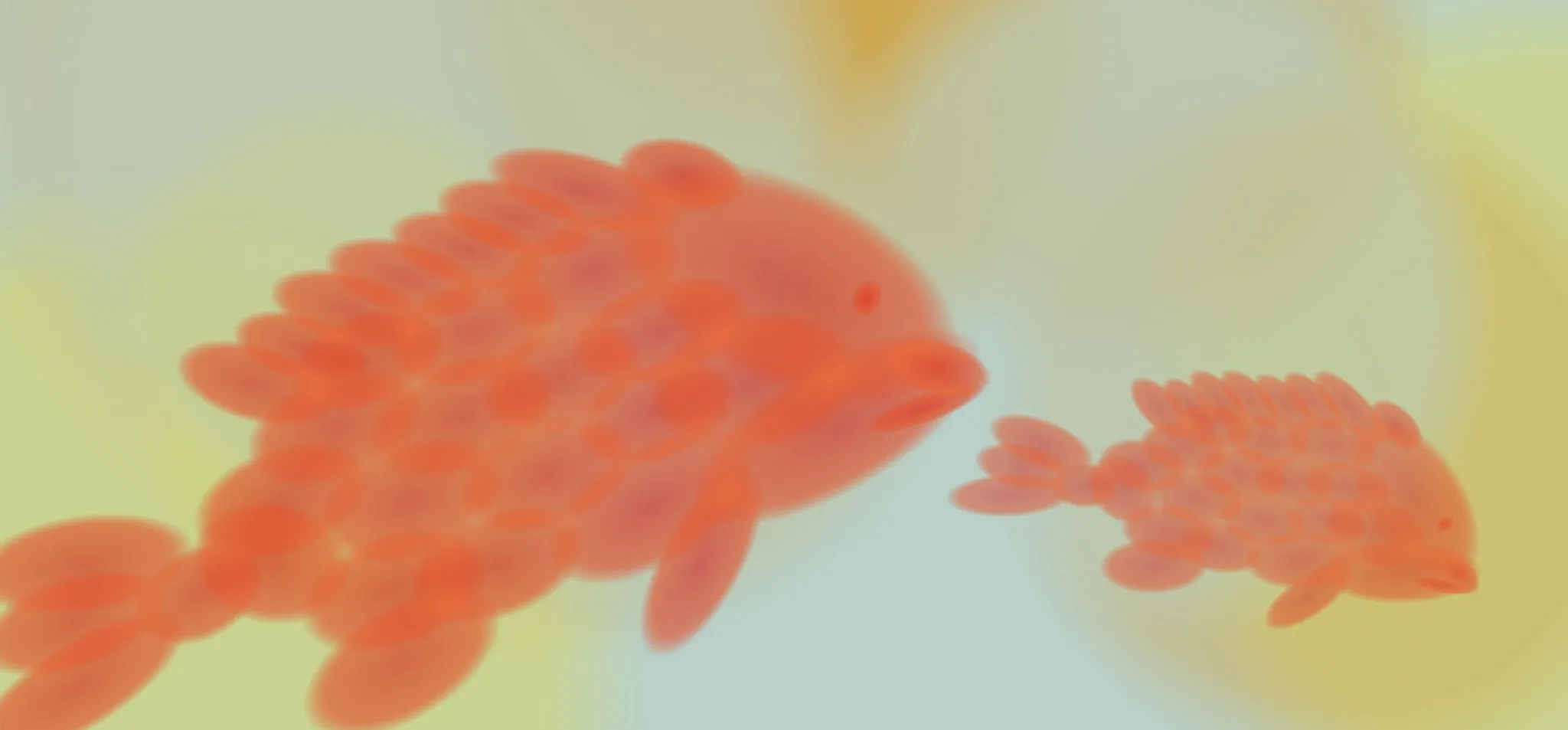 A imagem mostra uma ilustração de peixes em um fundo colorido.