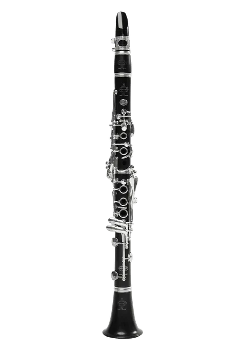 The clarinet is a woodwind instrument made of dark wood, with silver keys.