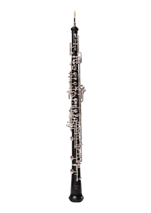 The oboe is a wind instrument. It is made of wood and has metal keys.