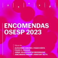 A imagem é a capa do álbum, um fundo roxo com bolas rosa choque em cima. Em branco, está escrito Encomendas Osesp 2023.