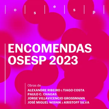 A imagem é a capa do álbum, um fundo roxo com bolas rosa choque em cima. Em branco, está escrito Encomendas Osesp 2023.