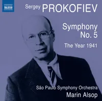 Capa do CD "Prokofiev". Fotografia do compositor Sergei Prokofiev em cores pretas e roxas. Ele é um homem branco e calvo. Usa óculos pequenos e veste blazer preto com camisa branca e gravata.